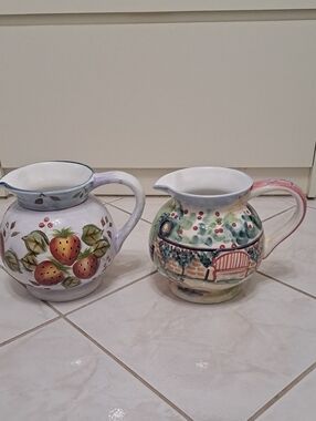 2 Hand-Painted Ceramic Pitchers - White and Red Both 8x11